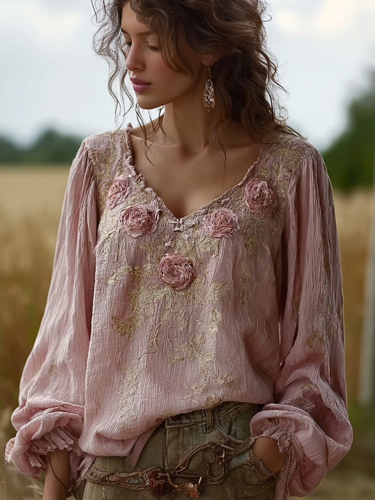 Bohemian Retro Countryside Style Plant Flower Design Cotton And Linen Women's Long-sleeve Shirt elevenforest