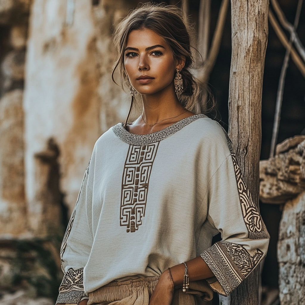 Vintage Greek Key Motif  Crew Neck Linen Blend Blouse elevenforest