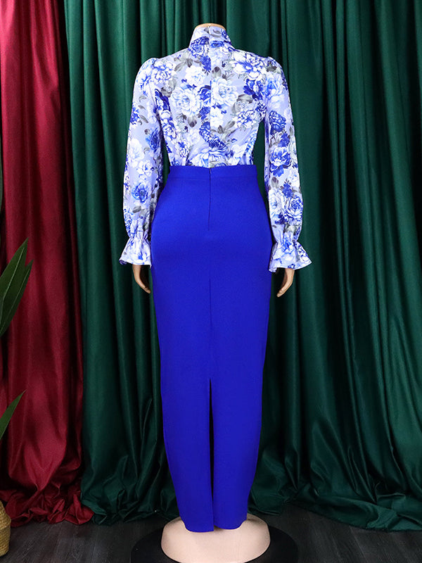 Long Sleeves Printed Blouse + Split-back Color Skirt Two Pieces Set