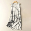 Vintage Japanese Crane Landscape Print Sleeveless Cotton And Linen Midi Dress elevenforest
