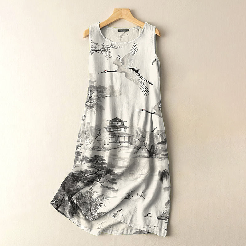 Vintage Japanese Crane Landscape Print Sleeveless Cotton And Linen Midi Dress elevenforest