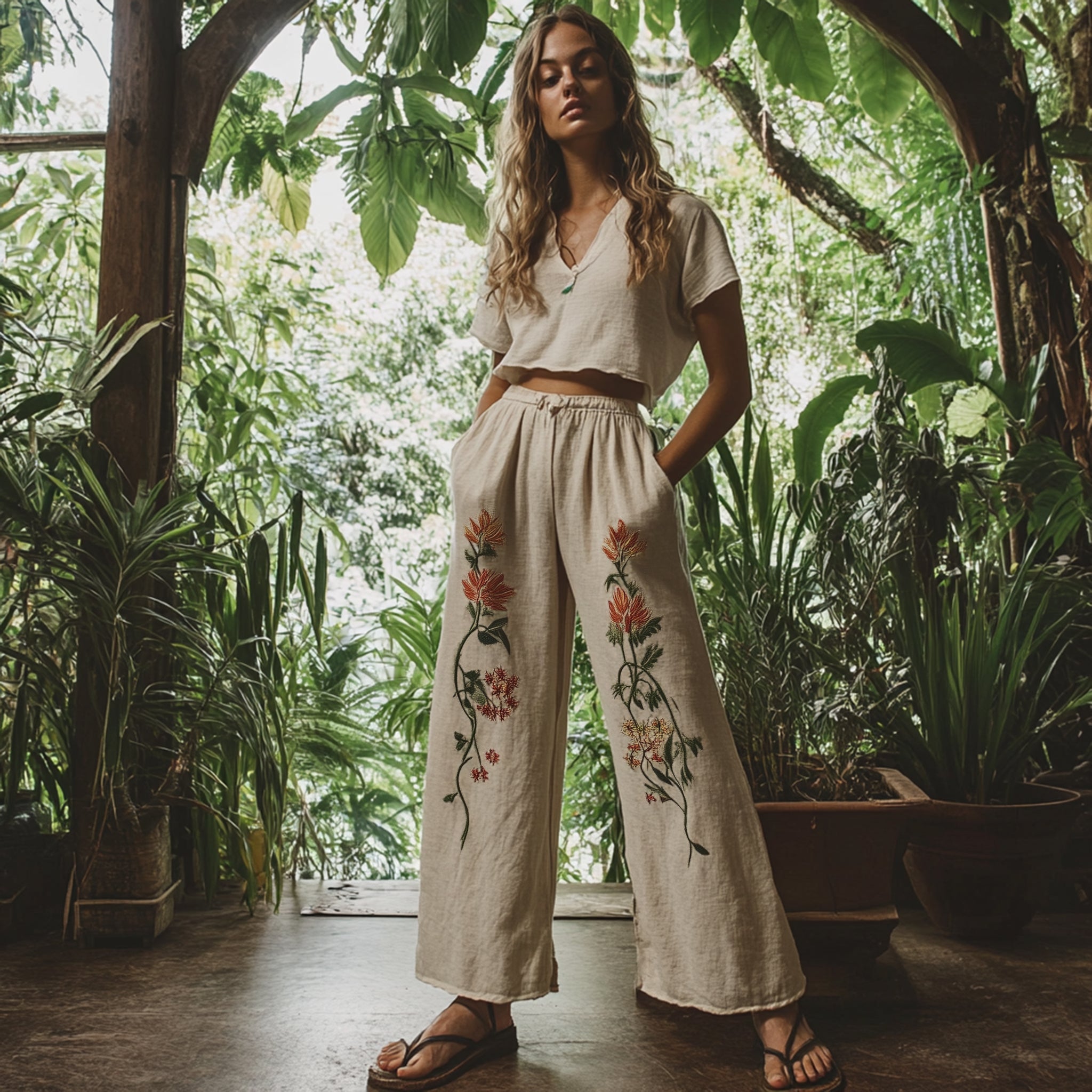Women's Boho Floral Art Linen Lounge Pants elevenforest