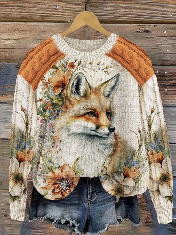 Vintage Fox Floral Contrast Color Cozy Knit Sweater artswardrobe