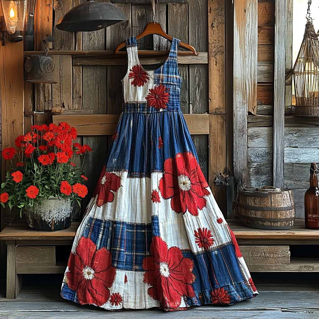 Women's Vintage Independence Day Flower Art Linen Tank Midi Dress elevenforest