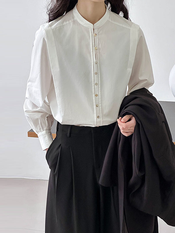 Long Sleeves Loose Buttoned Split-joint Round-neck Blouses&shirts Tops