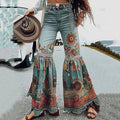 Vintage Boho Floral Ethnic Patchwork Art Button High Waist Wide Leg Jeans elevenforest