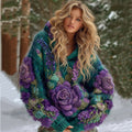 Women's Gradient Rose And Floral Knitted Warm Hooded Sweater elevenforest