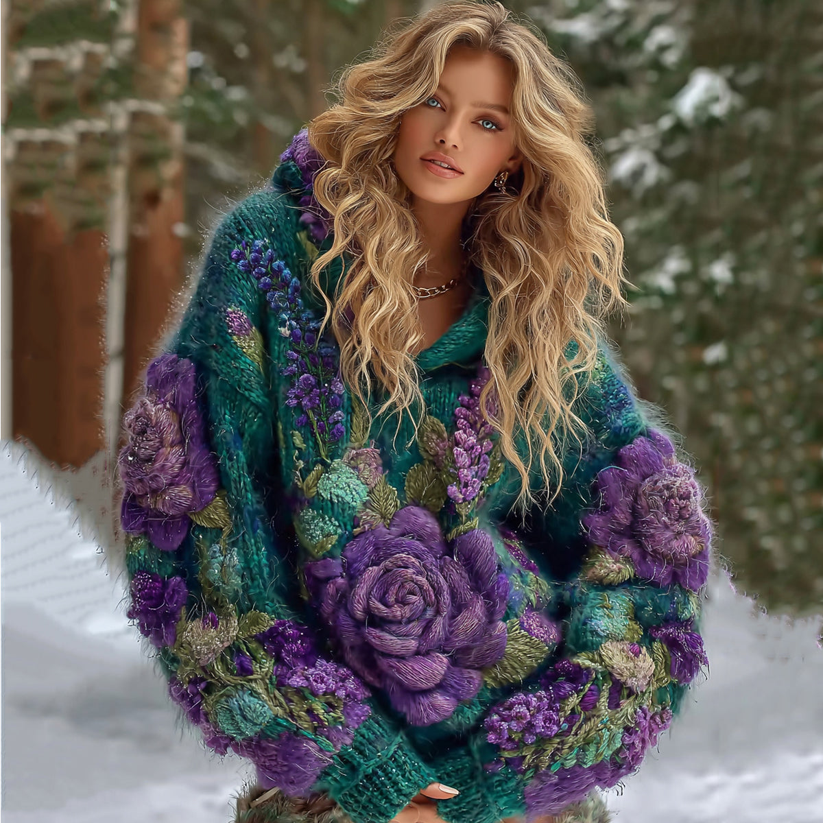 Women's Gradient Rose And Floral Knitted Warm Hooded Sweater elevenforest