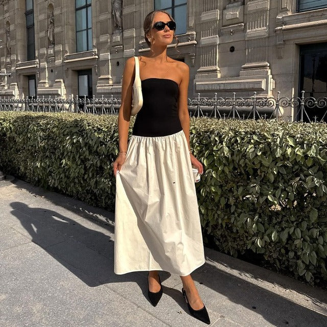 Taruxy Clash Color Strapless Maxi Dress for Summer Off Shoulder Patchwork Backless Sleeveless Beach Dress Female