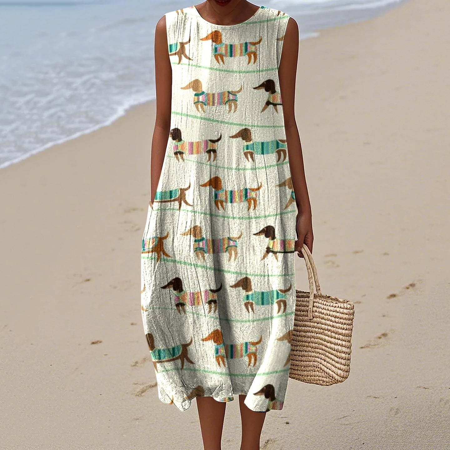 Women's Retro Cute Dachshund Art Print Sleeveless Dress elevenforest
