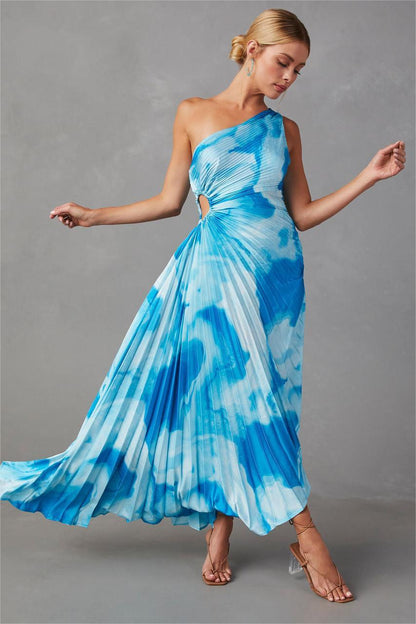 Tie Dye One-shoulder Drappped Hem Midi Dress