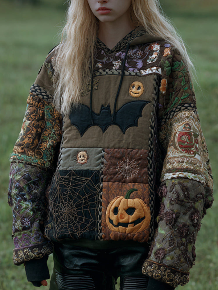 Women's Vintage Patchwork Halloween Pattern Hoodie elevenforest