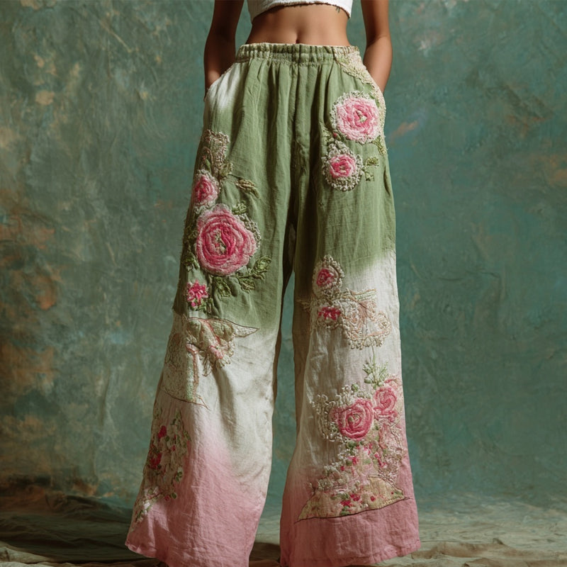 Vintage Pink Roses Embroidered Gradient Linen Pants elevenforest