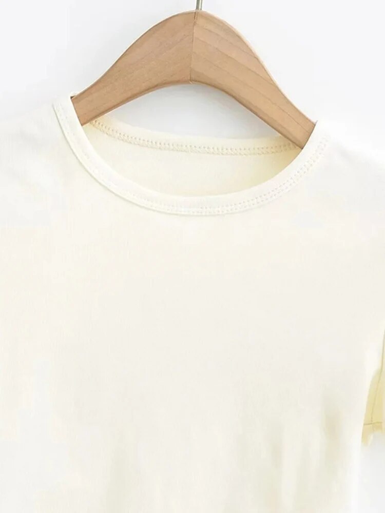 Side Waist Off Short Top ’s Round Neck Slim Fit Versatile Color Short Sleeve T-shirt Summer