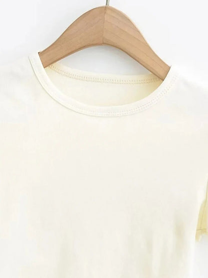 Side Waist Off Short Top ’s Round Neck Slim Fit Versatile Color Short Sleeve T-shirt Summer