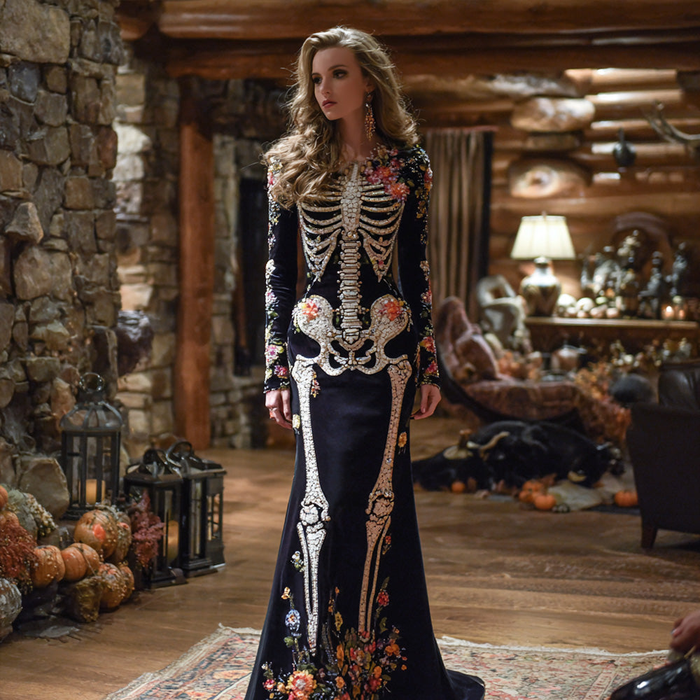 Vintage Mexican Day Of The Dead Skeleton Bones Embroidery Flowers Cozy Velvet Maxi Dress elevenforest