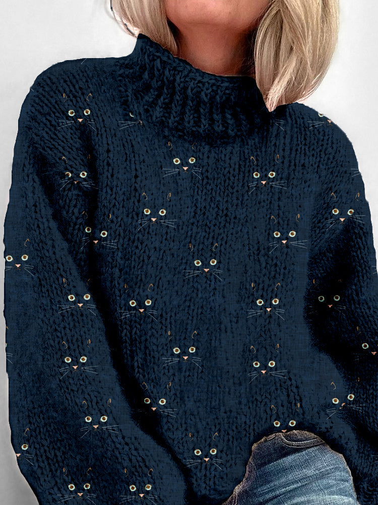 Cute Cat Face Pattern Cozy Turtleneck Sweater elevenforest