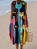 Comstylish Funny Colorful Cats Pattern Linen Tank Dress
