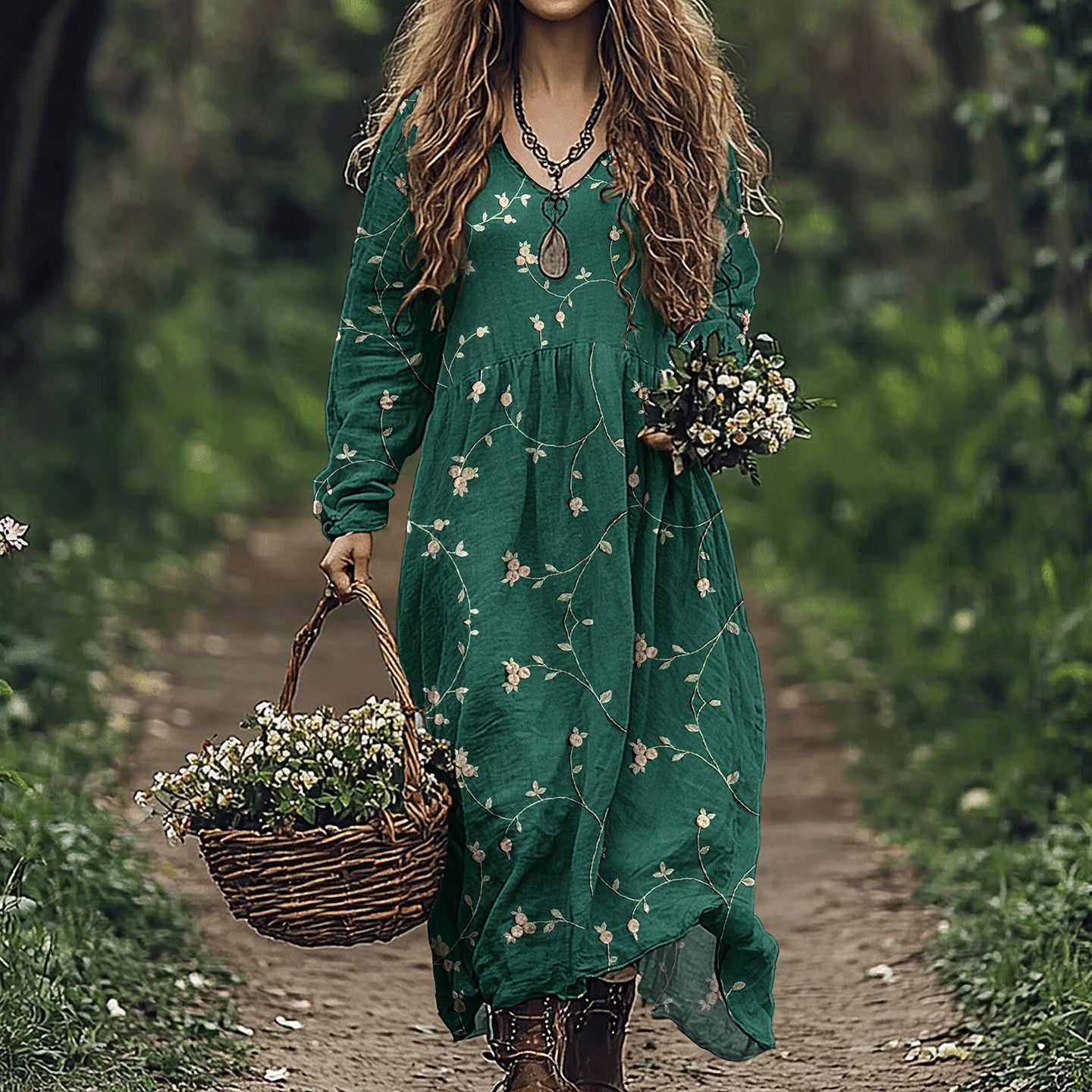 Vintage Botanical Floral Embroidery Women's Linen Maxi Dress elevenforest
