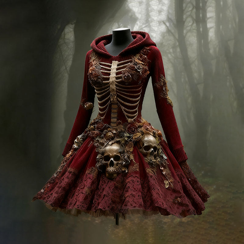 Women's Halloween Skull Flower Moss Witch Sweater Dress artswardrobe
