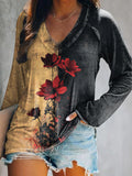 Women's Casual Retro Rose Flower Art Print V Neck Long Sleeve Tops