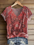 Women's Ethnic Totem Art Print Casual V-neck Cotton T-shirt