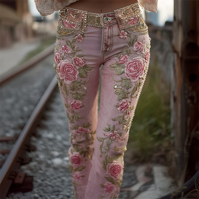 Pink Roses Glitter Embroidered Washed Bootcut Jeans elevenforest