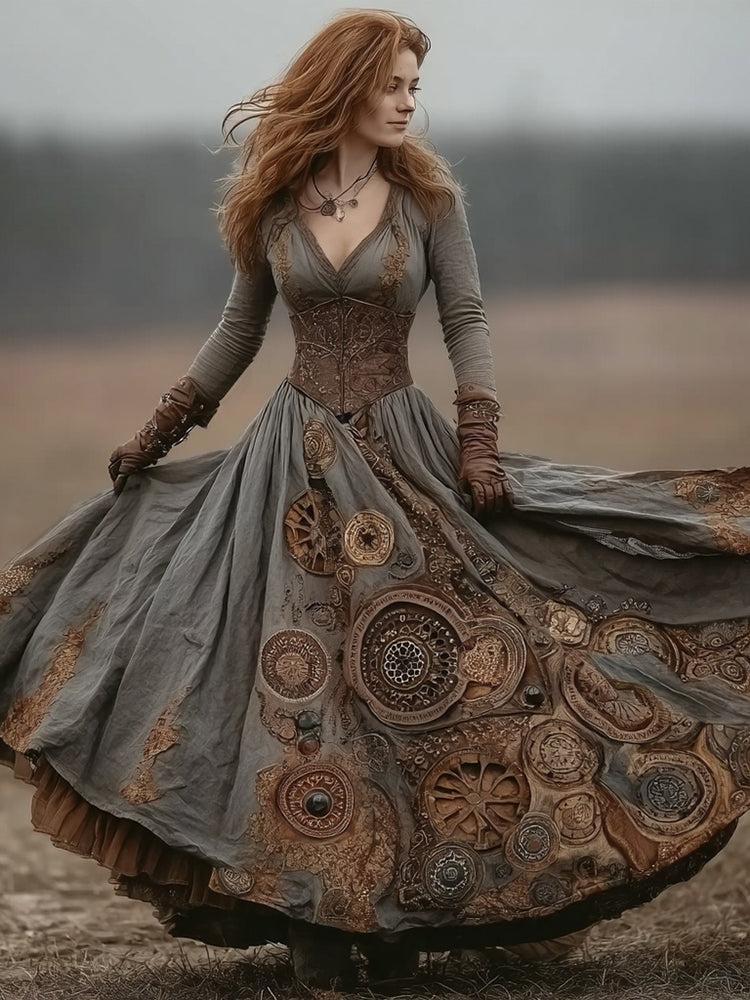 Retro Steampunk Clock & Gear Inspired Flowy Linen Maxi Dress elevenforest