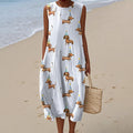 Comstylish Women's Retro Cute Dachshund Dog Art Linen Tank Midi Dress