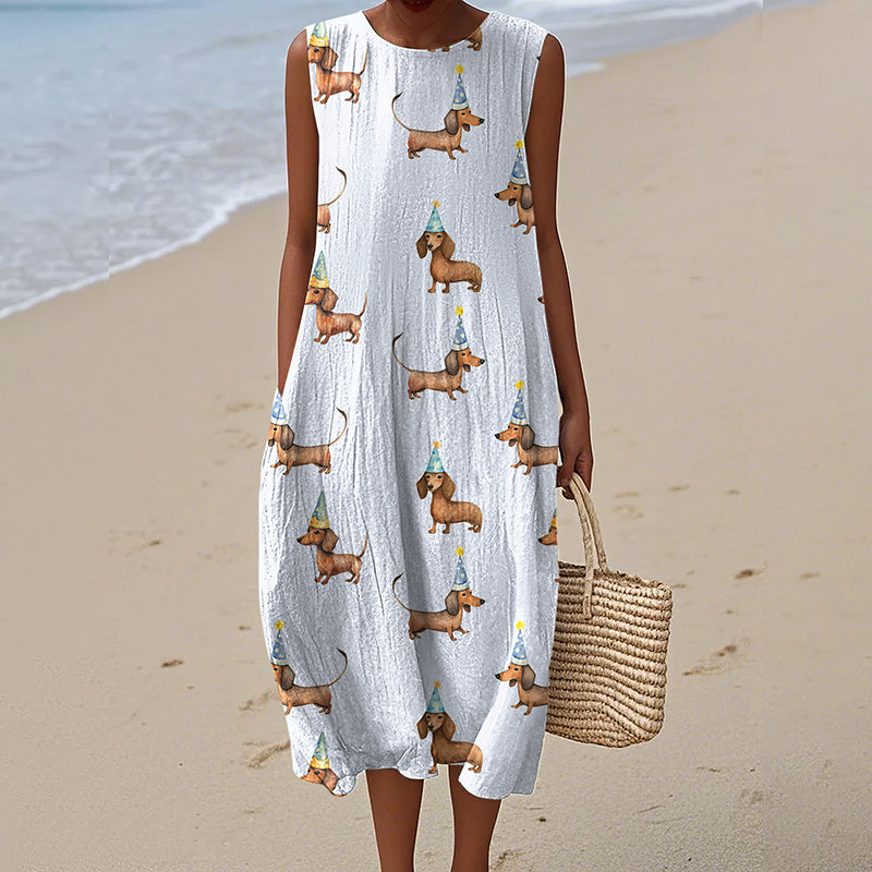 Comstylish Women's Retro Cute Dachshund Dog Art Linen Tank Midi Dress