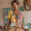 Women's Bohemian Floral Embroidery Patchwork Art V-neck Short Sleeve Linen Blend T-shirt elevenforest