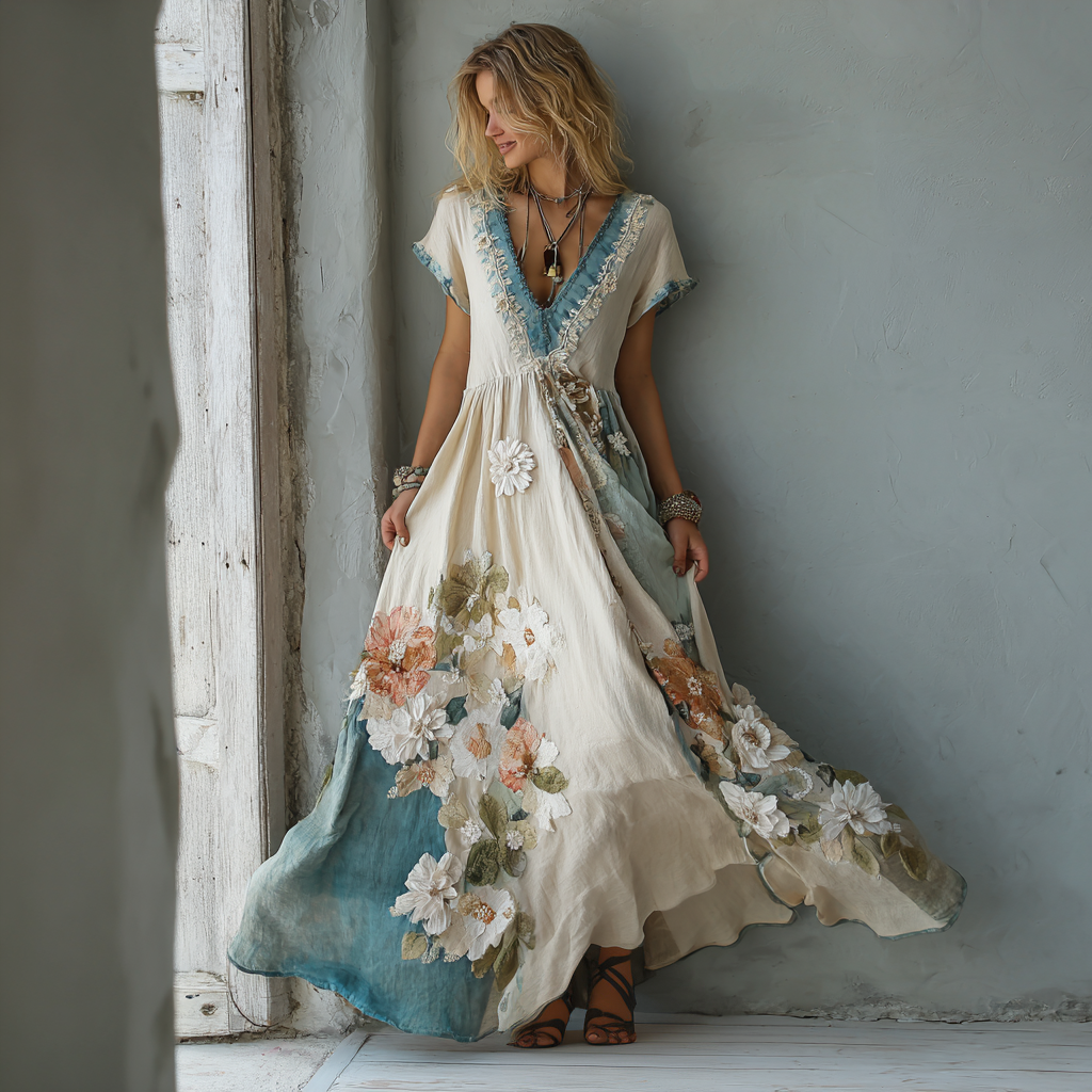 Women's Vintage Oil Painting Floral Art Stitching Linen Dress elevenforest
