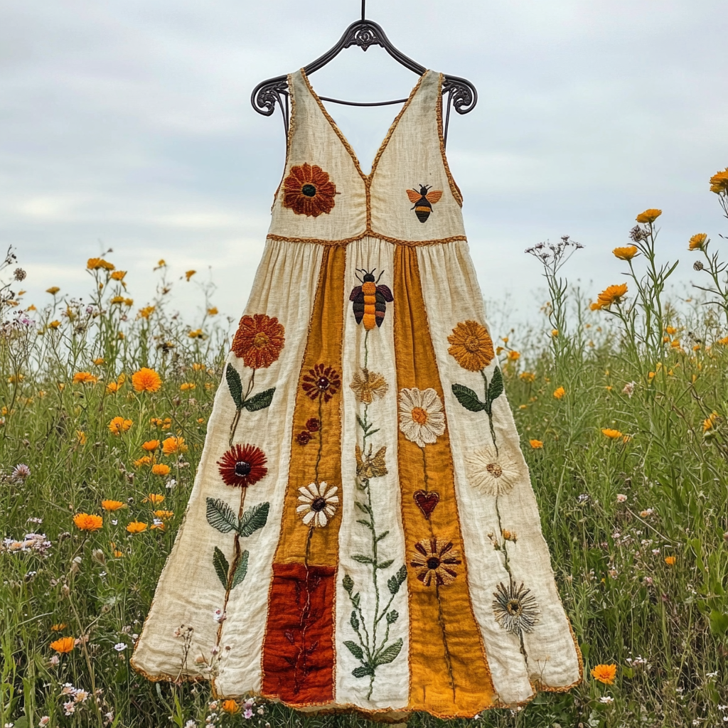 Women's Vintage Floral Bee Art Embroidery Short Dress elevenforest