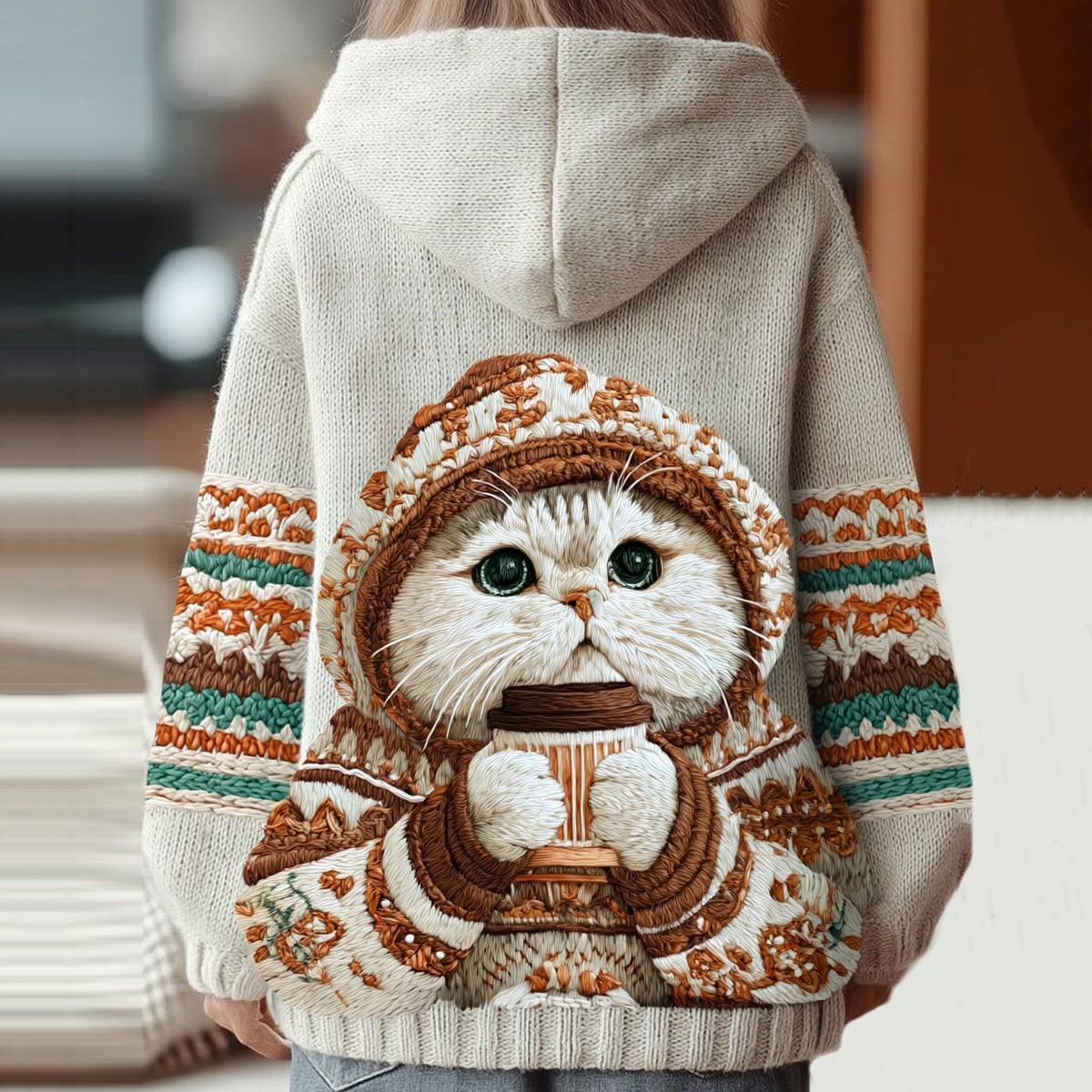 Women's Cute Winter Cat Art Knitted Warm Zipped Hooded Sweater