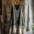 Tribal Celtic Embroidery Patchwork Tassel Art Linen Tank Dress elevenforest