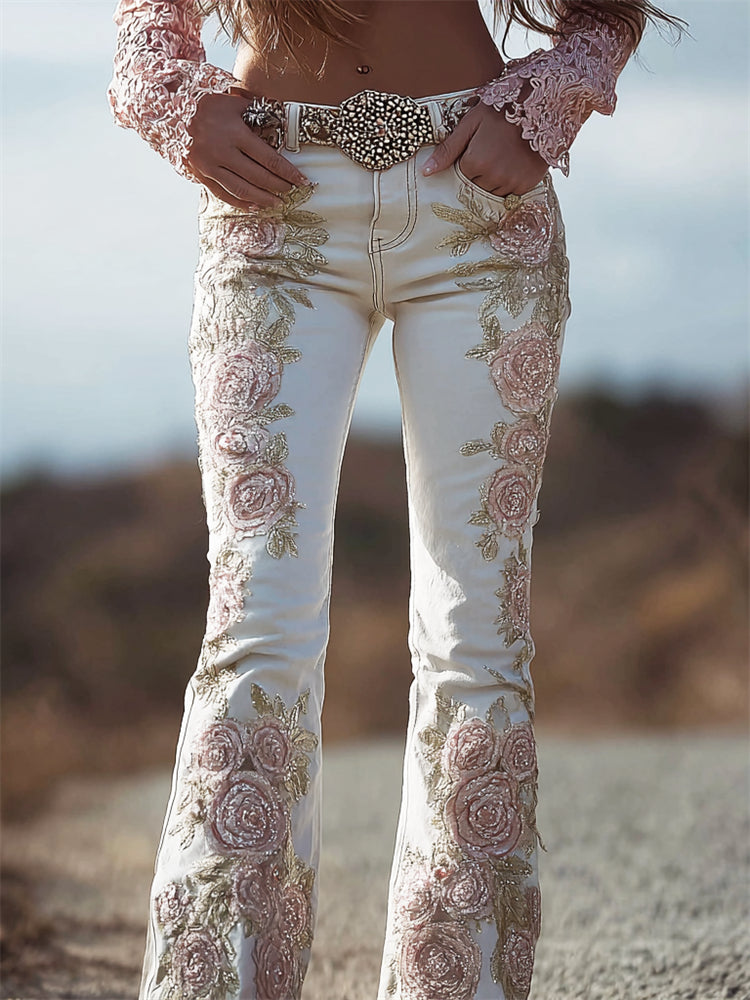 Vintage Glitter Roses Embroidered Bootcut Jeans elevenforest