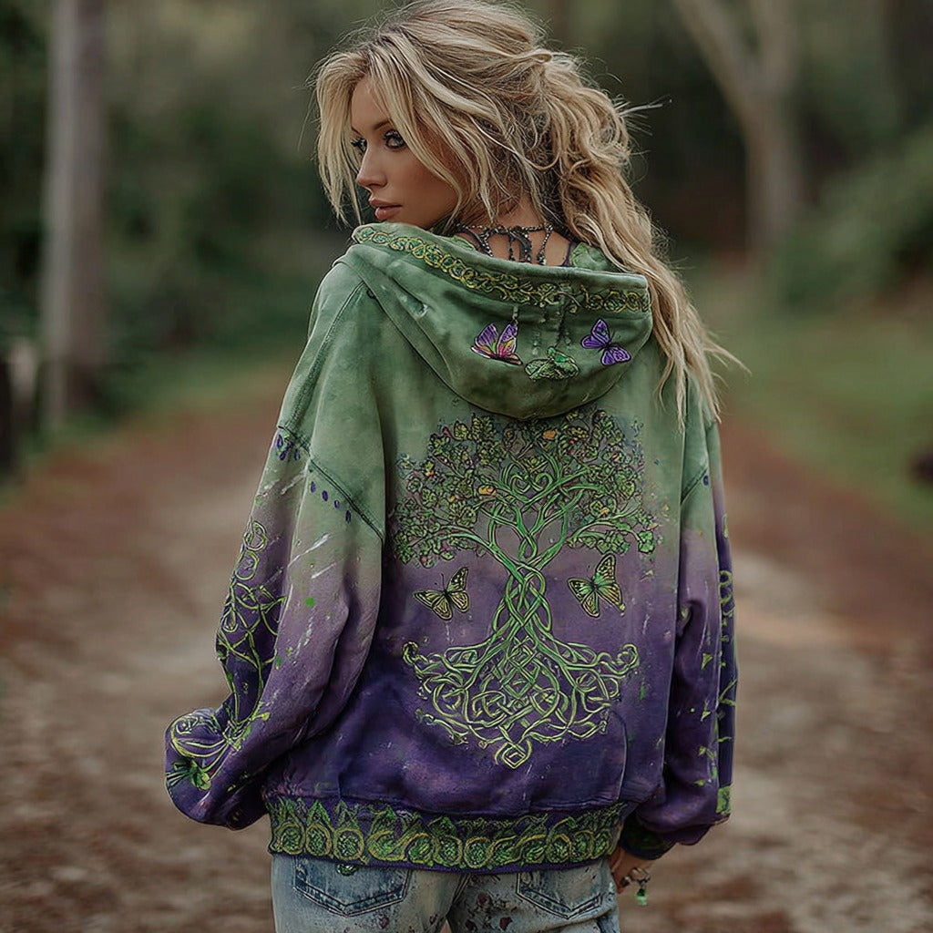 Women's Vintage Viking Celtic Knot Tree Of Life Gradient Hoodie elevenforest