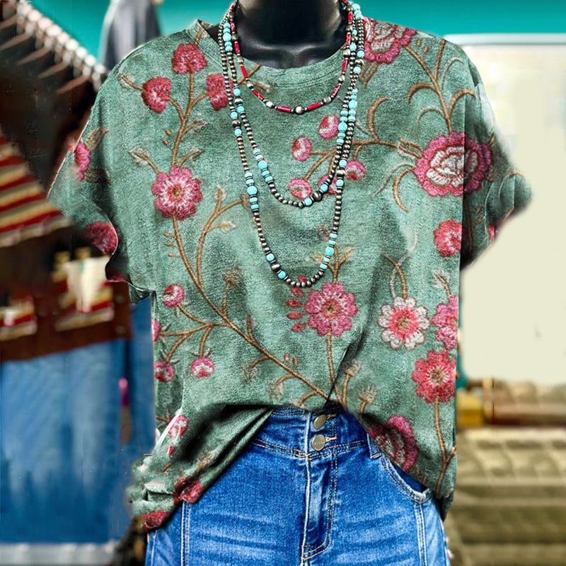 Vintage Floral Print Casual T-shirt elevenforest