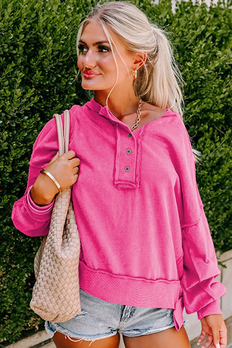 Drop Shoulder Henley Sweatshirt Rosy