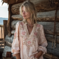 Bohemian Retro Style Flower Pattern V-neck Long Sleeve Top elevenforest