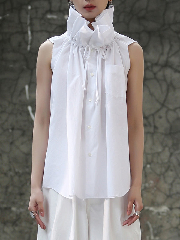 Sleeveless Pleated Color Statement Collar Blouses&shirts Tops