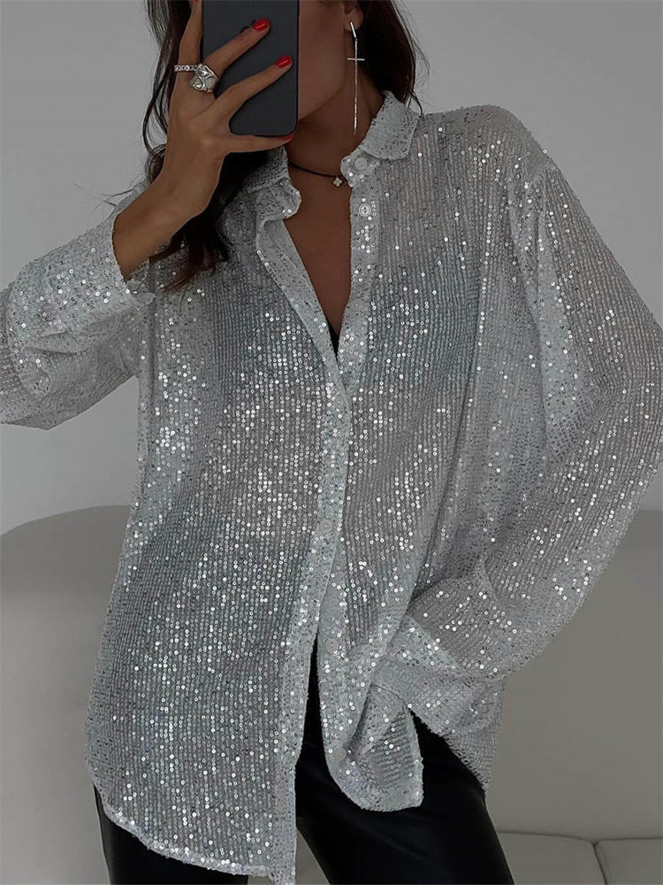 Tossy Sequin Loose Shirts Female Lapel Cardigan Summer Clothes New Outwear Glitter Party Blouse ’s
