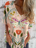 Women's Elegant Floral Butterfly Pattern Shirt Style Cotton and Linen Top