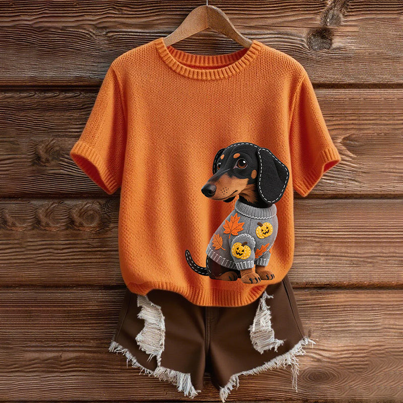 Comstylish Classic Autumn Dachshund With Felt In Autumn Inspired Embroidered Short Sleeve Cozy Knit Sweater