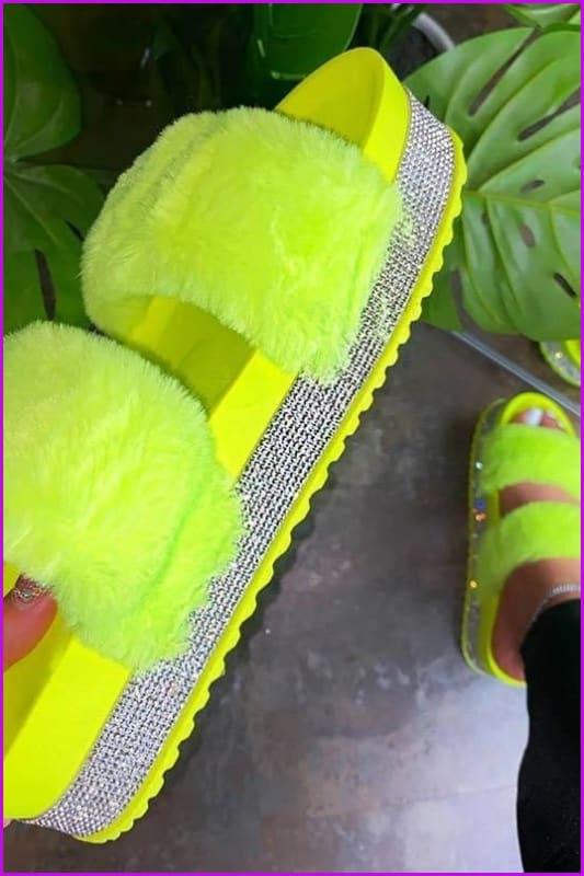 Bling Slide Sandals Plush Slippers Furry Slides F1194