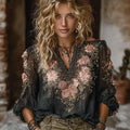 Bohemian Style Pink Rose Black Casual V-neck Long Sleeved Top