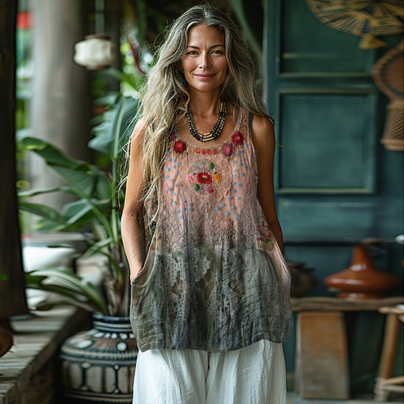 Vintage Floral Print Linen Blend Sleeveless Tank Top elevenforest