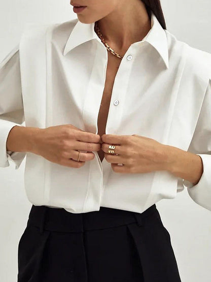 Long Sleeves Loose Buttoned Color Lapel Blouses&shirts Tops