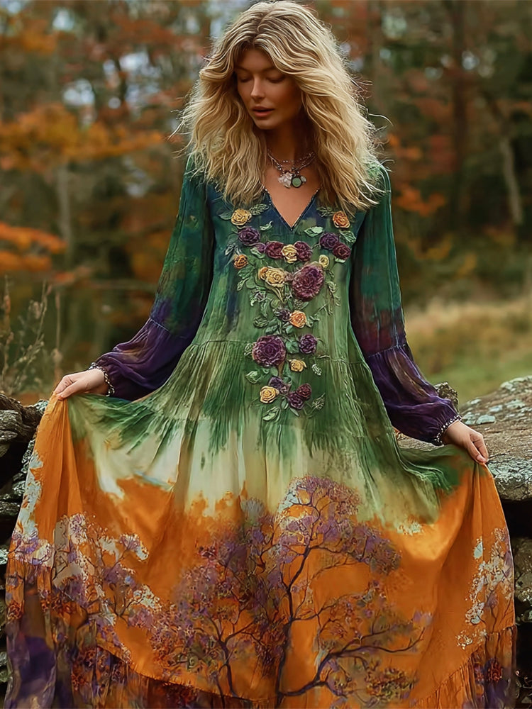Vintage Autumn Floral Embroidery Gradient Women's Linen V-neck Maxi Dress elevenforest