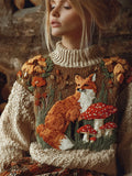 Fall Fox Embroidery Women's Knit Turtleneck Sweater artswardrobe